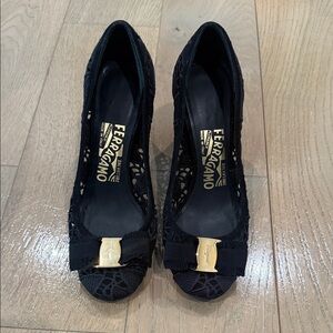 Salvatore Ferragamo Black Lace Heels with Gold Accent